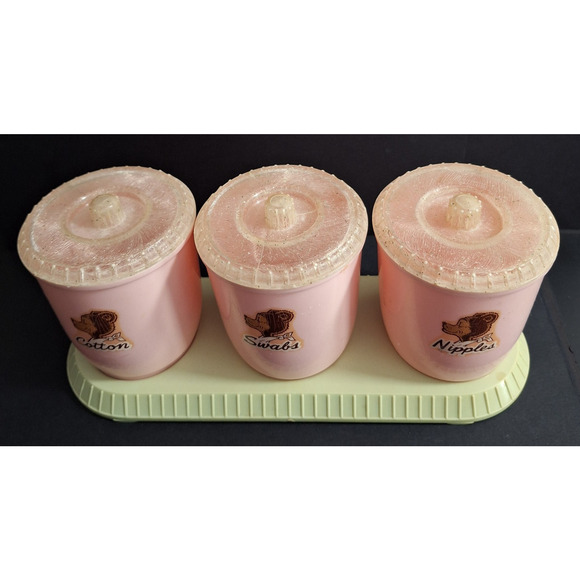 Vintage Tommee Tippee Nursery Set For Cotton Swabs Nipples Pink w/ Tray - Picture 2 of 5